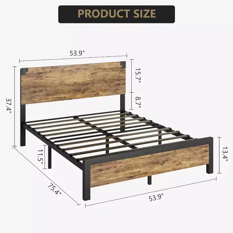 Full Size Platform Bed Frame with Headboard, 4 Storage Drawers, Noise-Free, Metal Support, No Box Spring Needed, Rustic Brown
