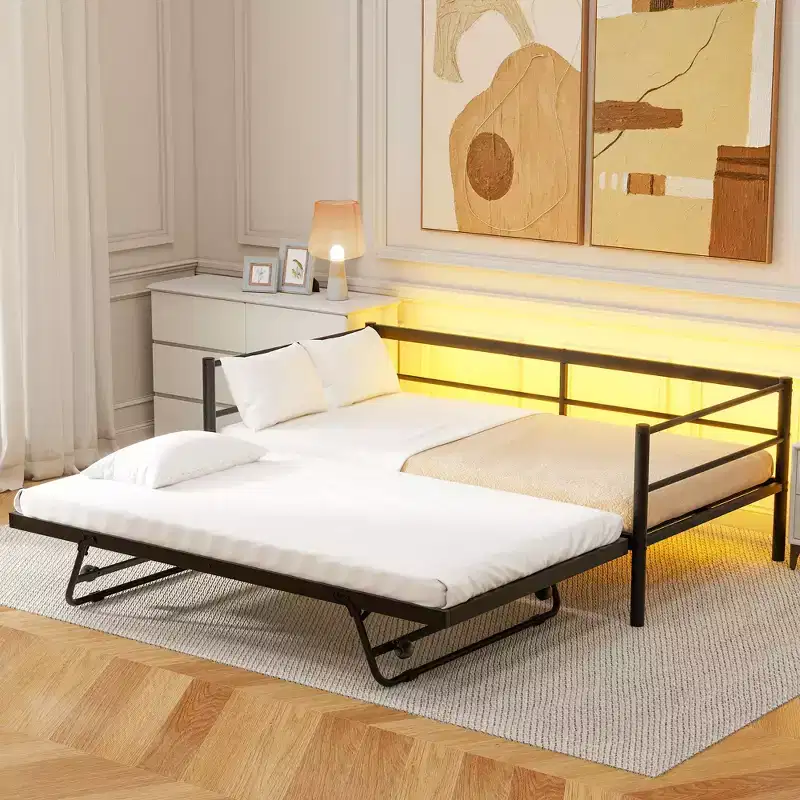 Black/White Twin Metal Daybed with LED Lights & Pop-Up Trundle, Sleeps 2