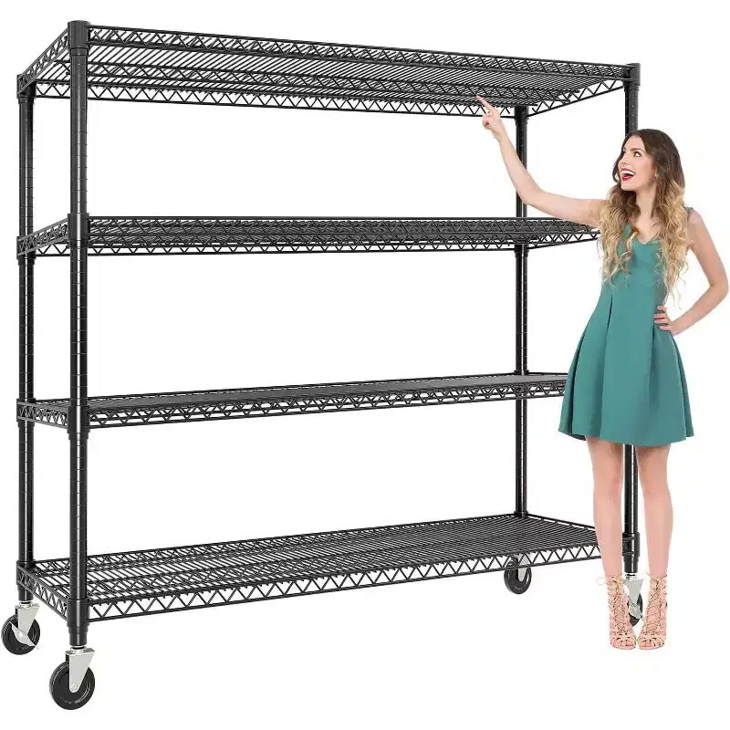 4-Tier Adjustable Metal Storage Rack with Wheels and Leveling Feet, Heavy Duty Industrial Shelving for Garage, Workshop, or Basement