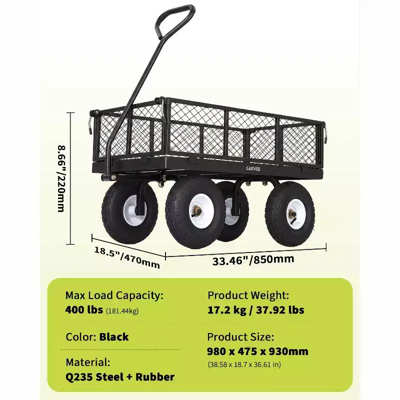 Versatile Outdoor Utility Cart, 400LBS Heavy-Duty, 10 All-Terrain Pneumatic Tires, Maneuverable Lawn Cart with Removable Mesh Panels for Gardening