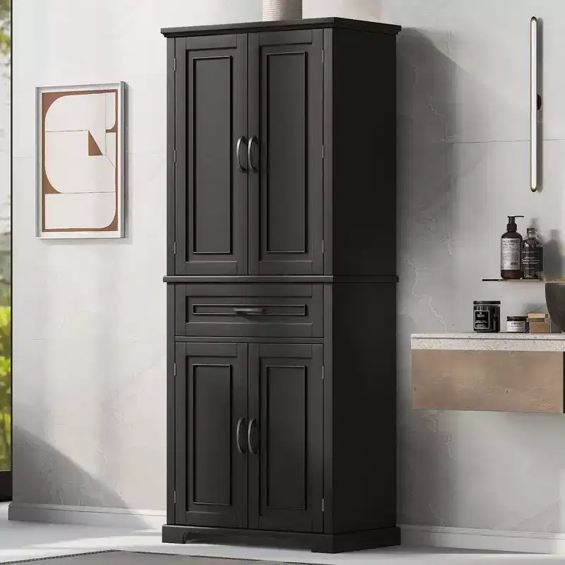 Tall Storage Cabinet with 4 Doors, 1 Drawer & Adjustable Shelves