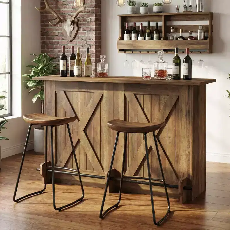 MAYEERTY 63 Rustic Bar Cart with 2-Tier Open Storage, Metal Frame & Particleboard Home Serving Cart, 220lbs Capacity Adjustable Feet