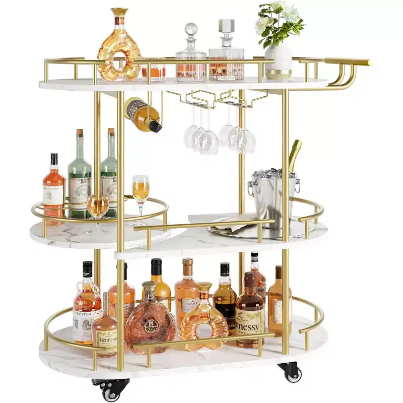 2023 Rotating Serving Cart, Metal & Wood Material, Gold, for Home & Party Use