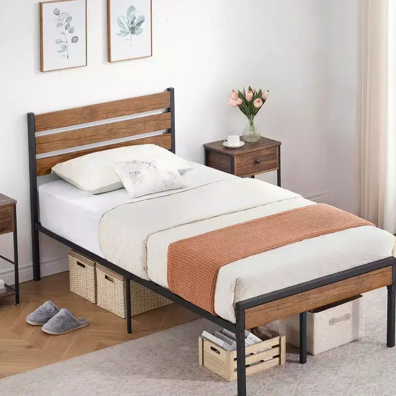 Twin Bed Frame with Wooden Headboard, Metal Slats, and Underbed Storage  Platform Bed Frame, No Box Spring Required, Sturdy Support for Bedroom