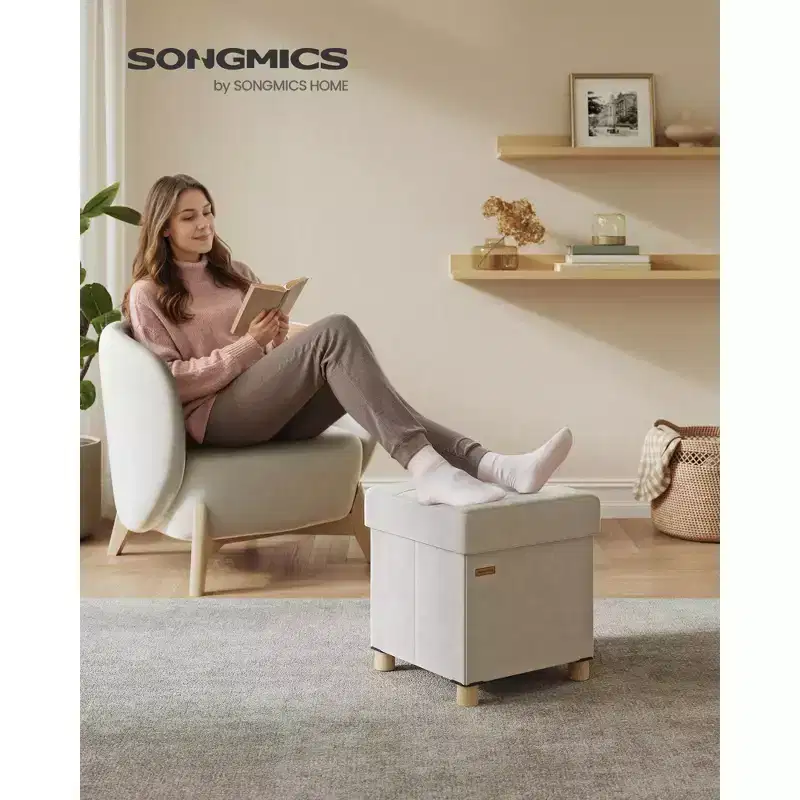 SONGMICS Small Storage Ottoman,Folding Ottoman Cube,15 x 15 x 15.7 Inches,Footstool,Footrest,9.8 Gal. (37 L),Velvet Surface