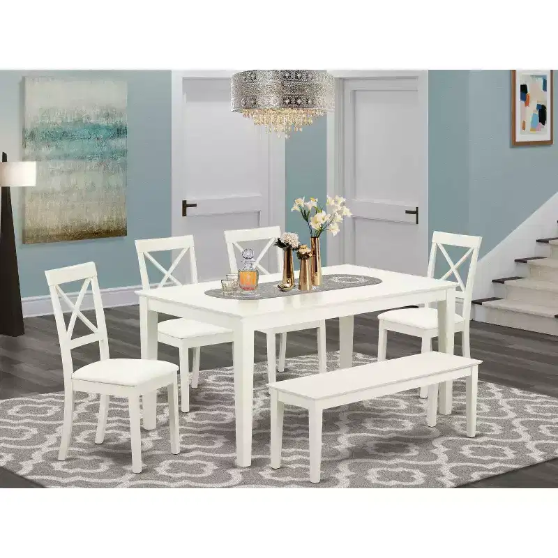 HomeStock 6-Piece Rectangle Linen White Finish Solid Wood Top Dining Table with 1 Bench, 4 Chairs
