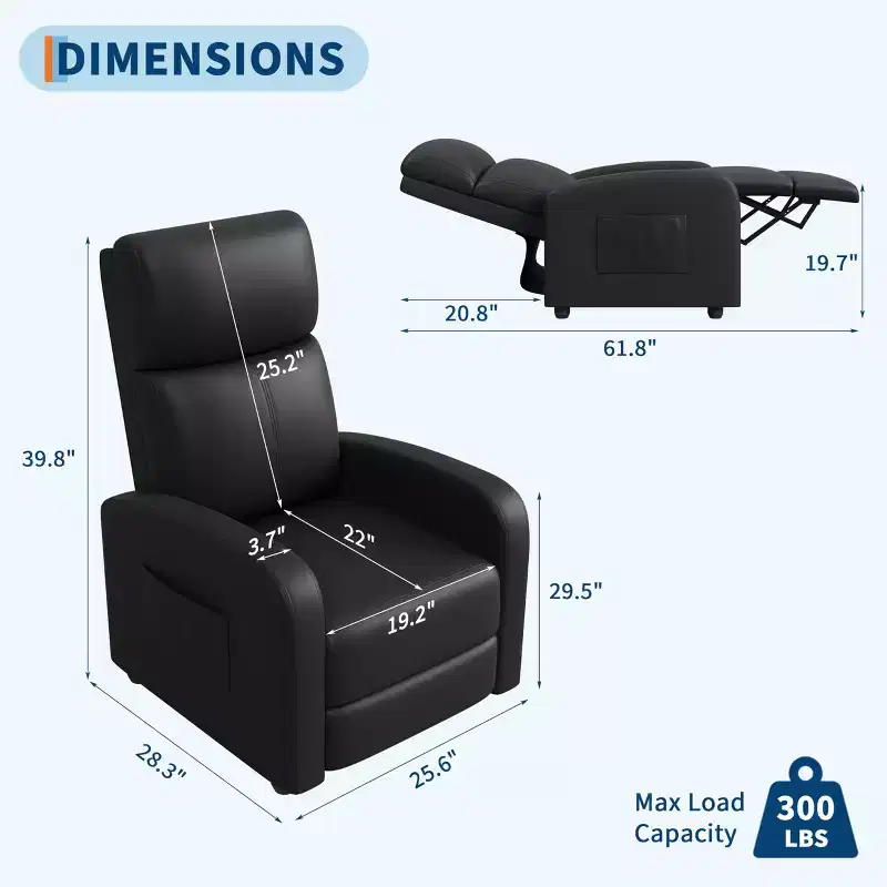 PU Leather Recliner Chair with Side Pocket, Tall Back & Wide Padded Arms - Single Seater Home Theater Seat