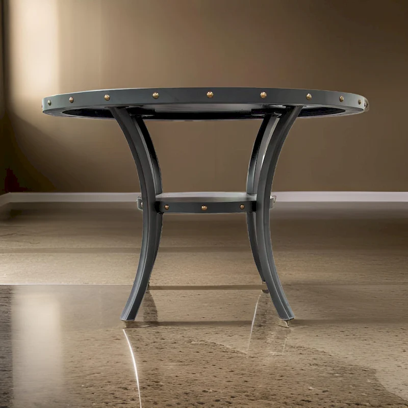 Sie 48 Inch Dining Table, Round Nailhead Trim Top with Shelf, Black Wood