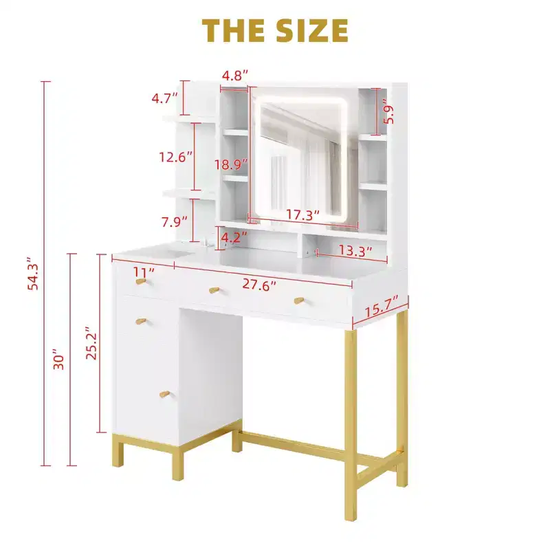 Modern Makeup Vanity Desk with Lighted Mirror - 3 Drawers & Storage Cabinet & Power Outlet - Dressing Table for Bedroom