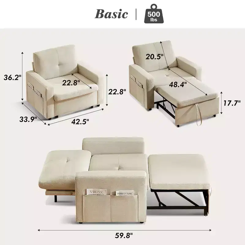 42.5 Inch 3-in-1 Sleeper Chair Bed, Convertible Sofa Chair with Pull Out Bed, Adjustable Backrest, Side Pockets