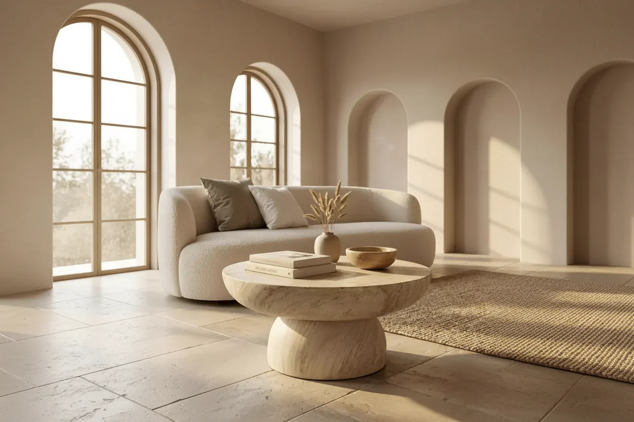 Round Coffee Table Fiberstone Pedestal Accent Table for Indoor or Outdoor Use, Sculpted Design with Anti-Slip Foot Pads
