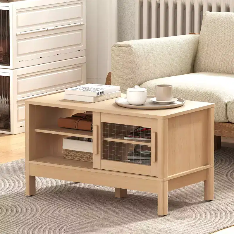 Bestier Modern Coffee Table with Unique Acrylic Sliding Door, Curved Corners & Adjustable Shelves