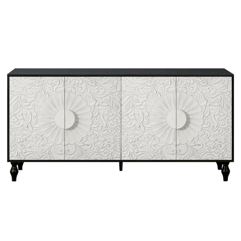 Carved Flower Door Storage Sideboard Cabinet, MDF, 63