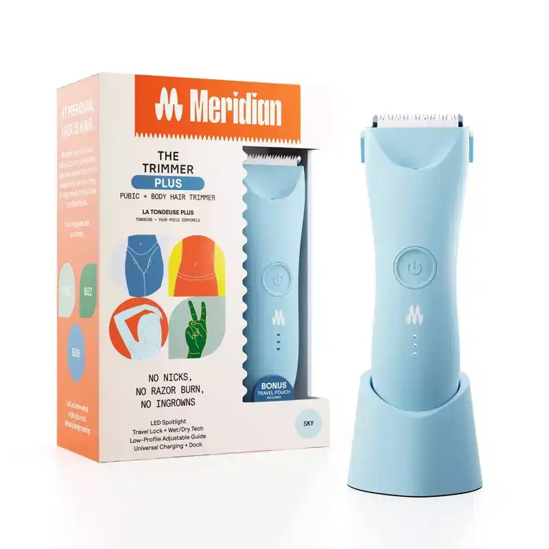 Meridian Trimmer Plus with Charging Dock, Pubic & Body Hair Trimmer Men Women,Below-the-Belt Groomer,Ball Trimmer,Bikini Trimmer,BonusPouch - Sky