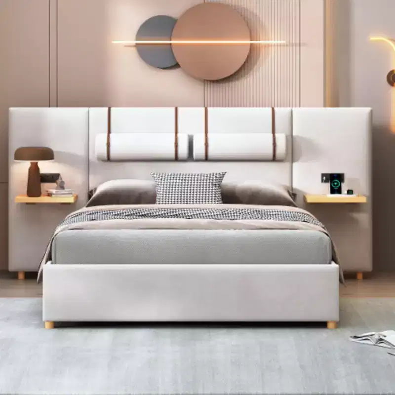 Queen Size Velvet Upholstered Platform Bed with USB Charging & Storage Shelves – Beige / Gray