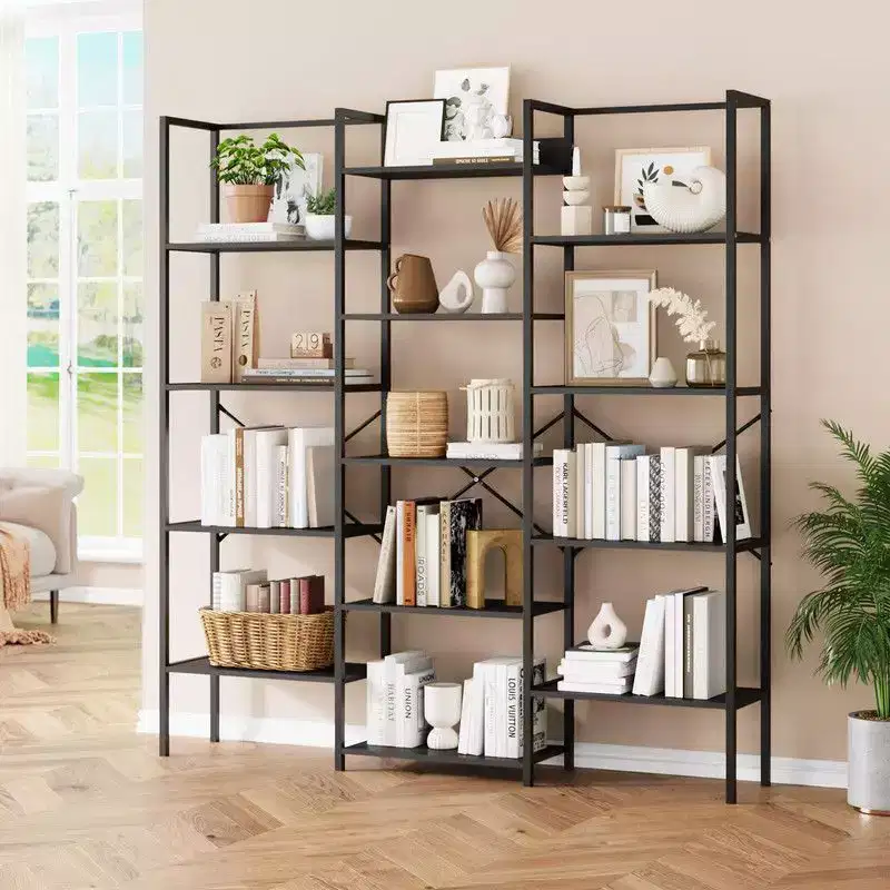 Triple Column 5-Tier Industrial Bookshelf with 14 Display Shelves