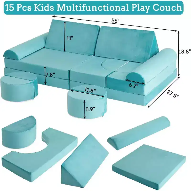 Acekool Modular Kids Play Couch - 15-Piece Set with Soft Velvet Covers, Reconfigurable Shapes for Playrooms & Indoor Fun (Blue)