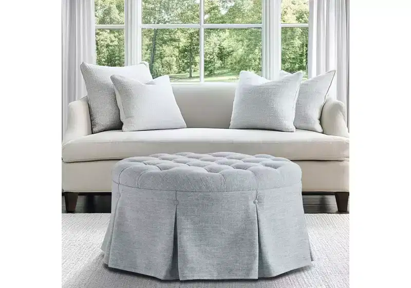 Tufted Round Cocktail Ottoman with Pleated Skirt 32'' Diameter