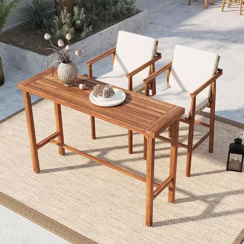 GDFStudio Agnes Patio Modern 3-Piece Acacia Wood Counter Height Dining Set with Cushioned Stools
