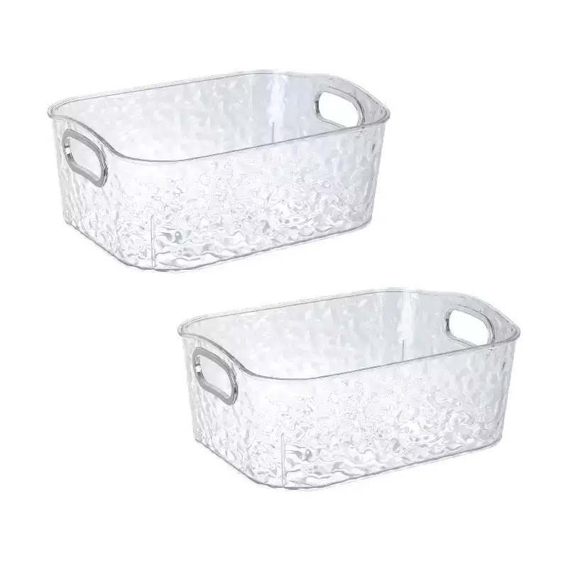 2 Pack Clear Storage Bins with Silver Handles, Container Bins for Organizing - Bathroom, Kitchen, Pantry, Closet, Vanity
