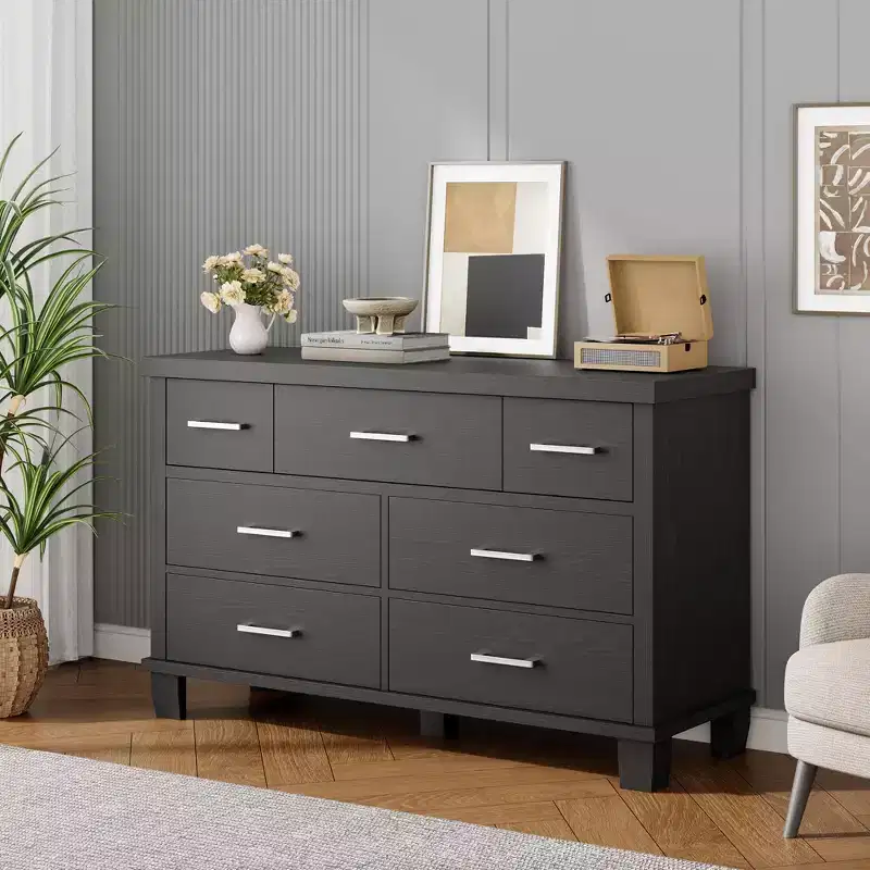 7 Drawers Dresser, Metal Handle, Wooden Dresser Organizer, for Living Room, Entryway