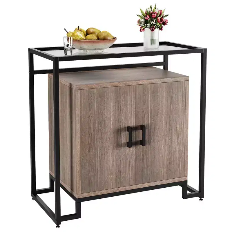 Three-Layer Wood Cabinet with Tempered Glass, Buffet Cabinet with with Black Steel Frame, Brown