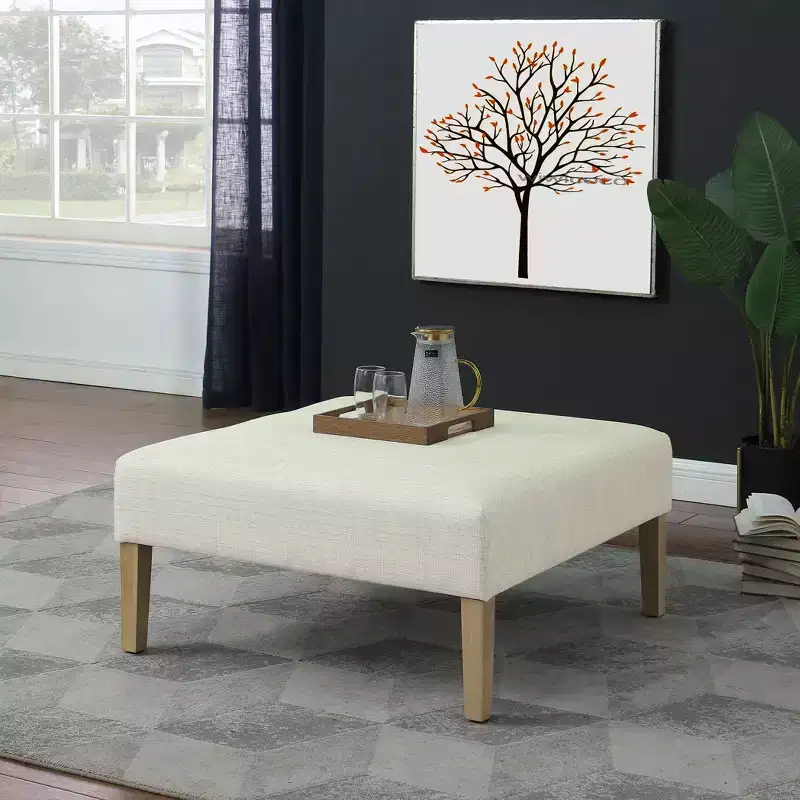 Square Coffee Table Ottoman, Stain-Resistant Cream Woven