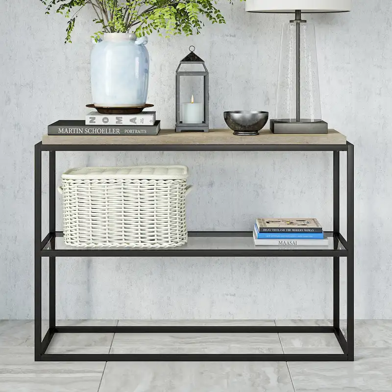 Blackened Bronze Console Table, Steel & Glass, 1-Person Assembly