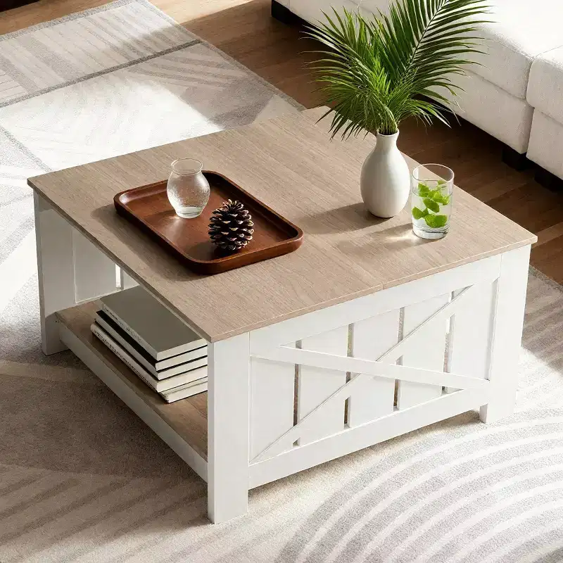 JIONJOY Square Farmhouse Coffee Table with Half-Open Storage, Rustic Cocktail Table for Living Room Small Spaces