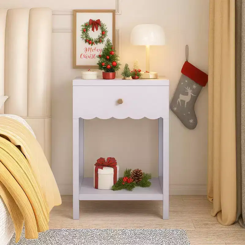 Modern Nightstand with Drawer and Open Shelf,Scalloped Edge Bedside Table for Bedroom, Cute Minimalist Side Table for Kids Room or Girls' Room