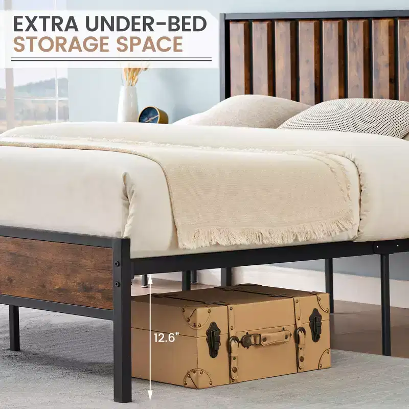 Metal Platform Bed Frame with Wooden Headboard and Footboard, 14 Slats Support, No Box Spring Needed, Noise-Free, Easy Assembly