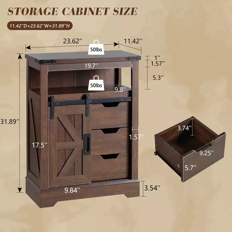 Farmhouse Floor Cabinet with Sliding Barn Door, 3 Drawers