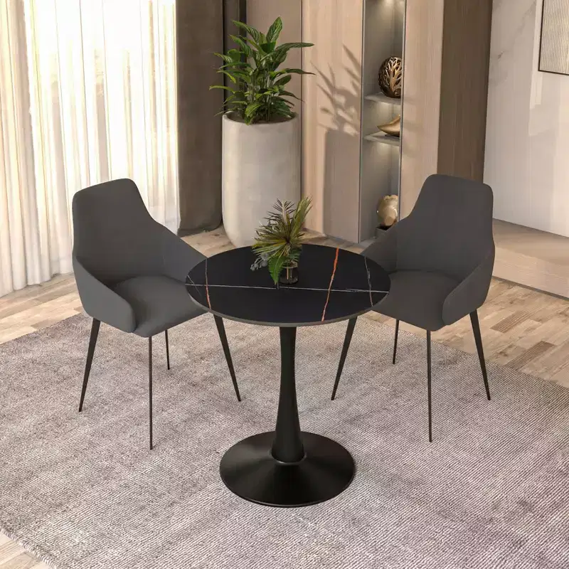 LeisureMod Bristol 24 Round Dining Table  Sintered Stone Top Accent Caf Table & Sturdy Steel Black Pedestal Base for Kitchen and Small Spaces