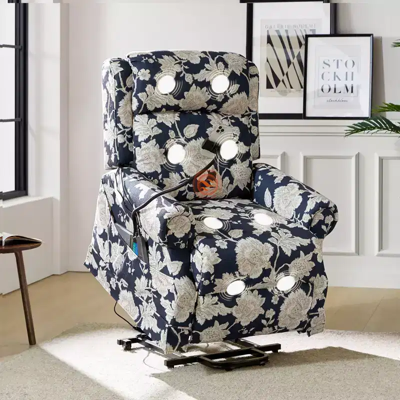 Power Recliner with Lift Assist, Massage & Heat – Damask / Navy