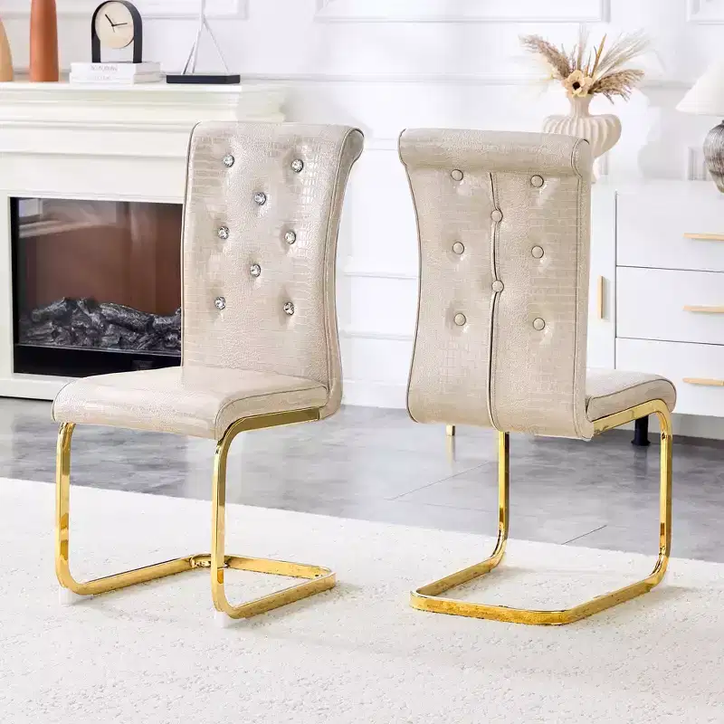 Set of 2 Retro Alligator Skin Upholstered Dining Chairs with Gold Plated Legs