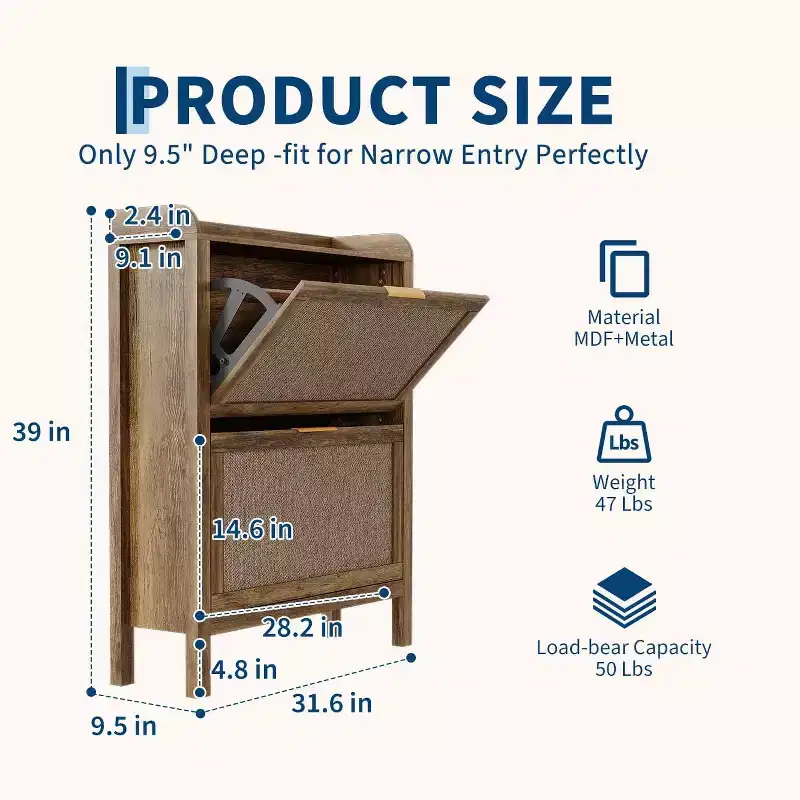 Farmhouse Rattan Shoe Storage Cabinet with 2 Flip Drawers & Wooden Legs - Freestanding Narrow Shoe Rack with Golden Handles for Entryway