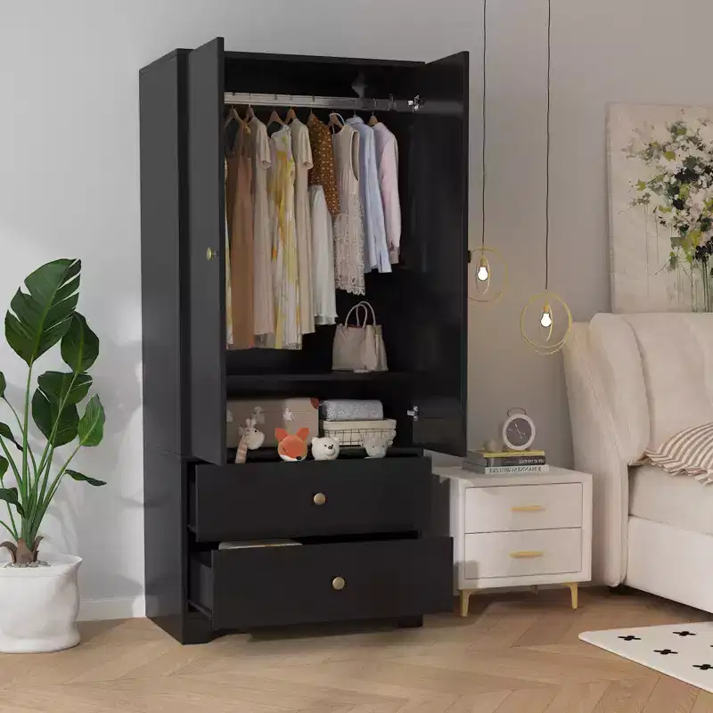 2-Door Wardrobe Storage Cabinet, Flat Panel MDF Sideboard Buffet Cabinet for Bedroom, Dining Room and Home