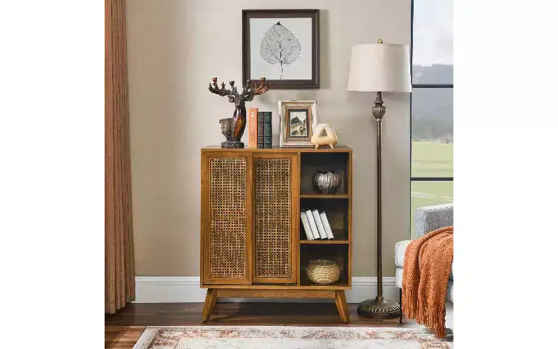 Modern Vintage Rattan Sideboard Buffet Cabinet with 3 Open Tiers & 2 Adjustable Hidden Shelves