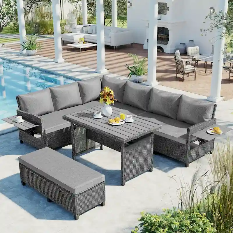 5 Pcs Outdoor Patio Rattan Sofa Set, All Weather PE Wicker Patio Furniture Set with 2 Extendable Side Tables and Table