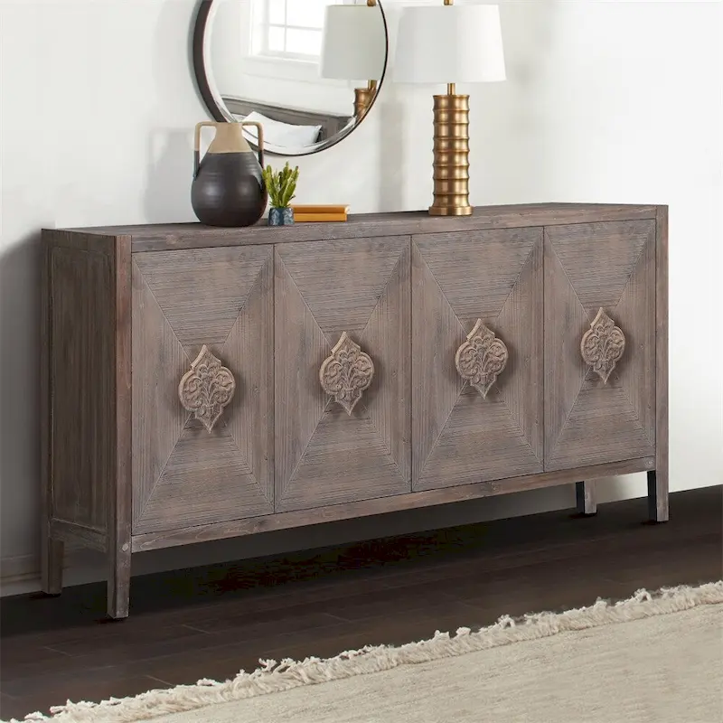 Four Door Cabinet with Carved Flower Door Handle