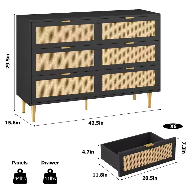 Natural Rattan 6 Drawer Dresser for Bedroom,Chest of Drawers with Gold Legs and Gold Handles,Wide Double Dresser with Large Tabletop and Anti-Tipping
