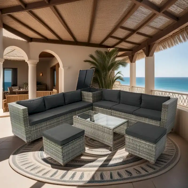 8 Piece Patio Sectional Wicker Rattan Outdoor Furniture Sofa Set with One Storage Box Under Seat