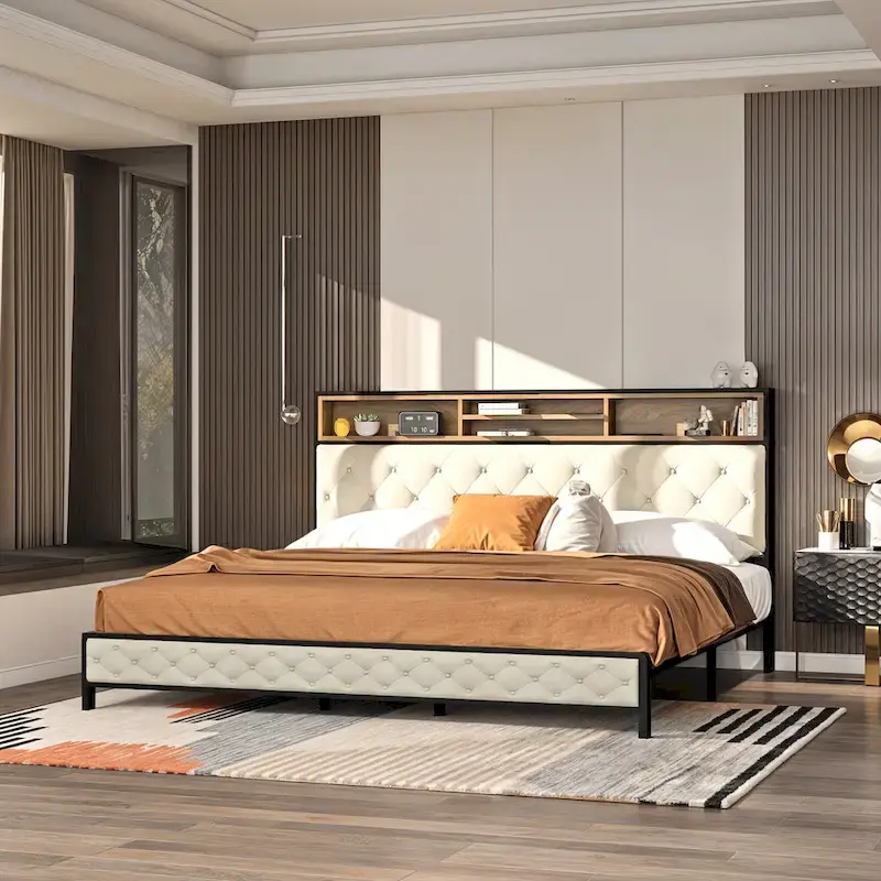 Modern King Upholstered Storage Bed With USB Power pad