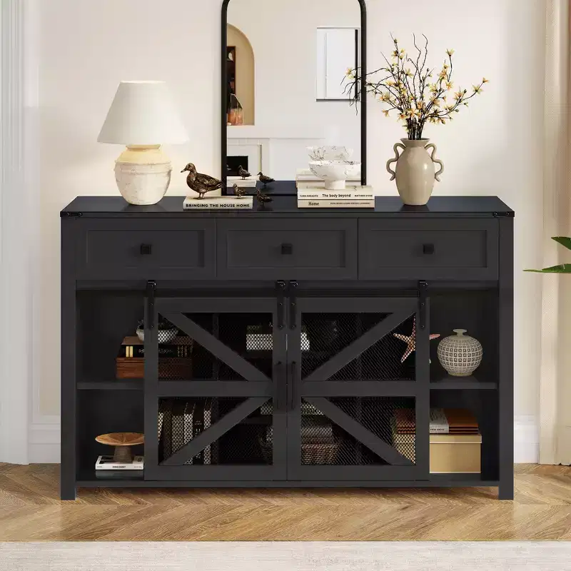 Okak Modern Glass Buffet Sideboard Storage Cabinet for Dining Room,Kitchen Pantry Cabinets with Sliding Barn Door & Metal Handles