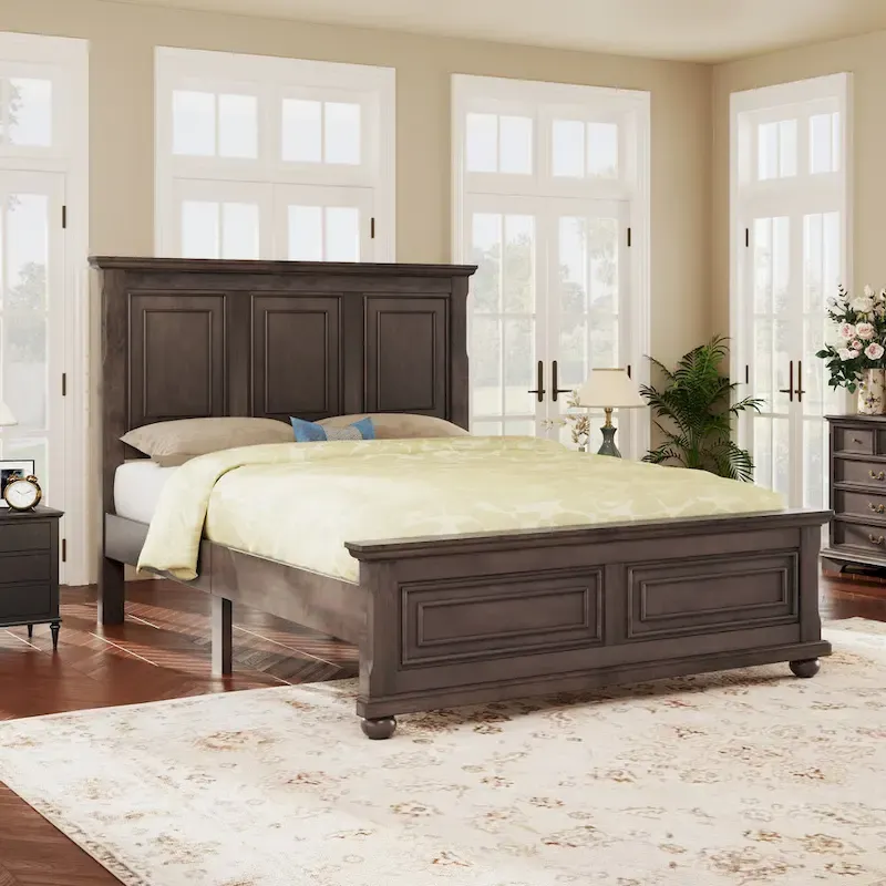 Wood Bed Frame with Headboard & Footboard | Brown / White / Stone Gray | Twin / Full / Queen