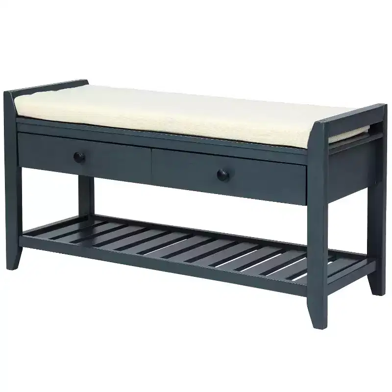 39 Storage Bench with 2 Drawers & Open Shoe Rack, Entryway Bench with Cushioned Seat