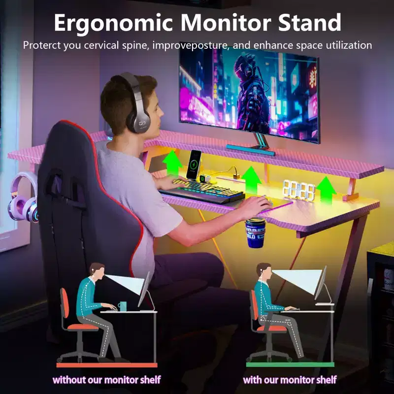 47 inch Pink Gaming Desk Carbon Fiber L Shaped Corner Computer Table with Monitor Stand 3 Tier Storage Shelves Home Office Gamer PC Writing Desk