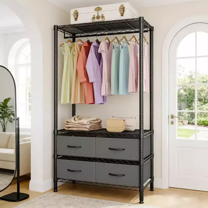 Metal Garment Rack for Hanging Clothes, 35'' Freestanding Garment Rack with Adjustable Shelves & 4 Fabric Drawers, Heavy Duty Clothes Hanger