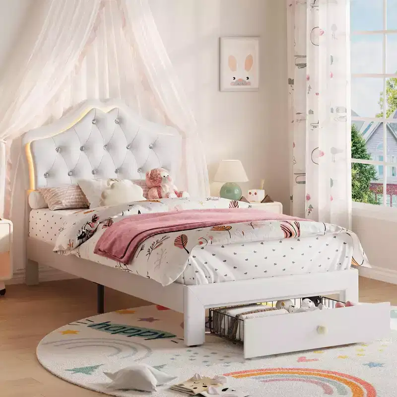 Twin Size Bed Frame with LED Lights & Velvet Crystal Button Headboard, Upholstered Boy/Girl Platform Bed with Storage Drawer, No Box Spring Needed