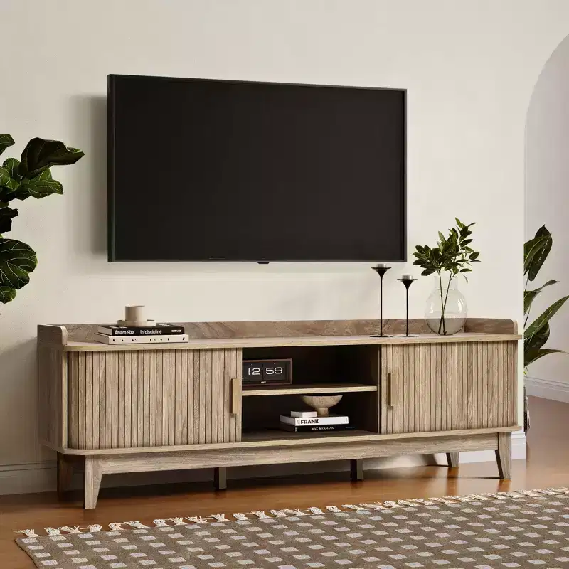 LuxenHome 63 Mid Century TV Stand with Storage, for TVs up to 65, Brown Media Console with Sliding Doors, Oak Brown